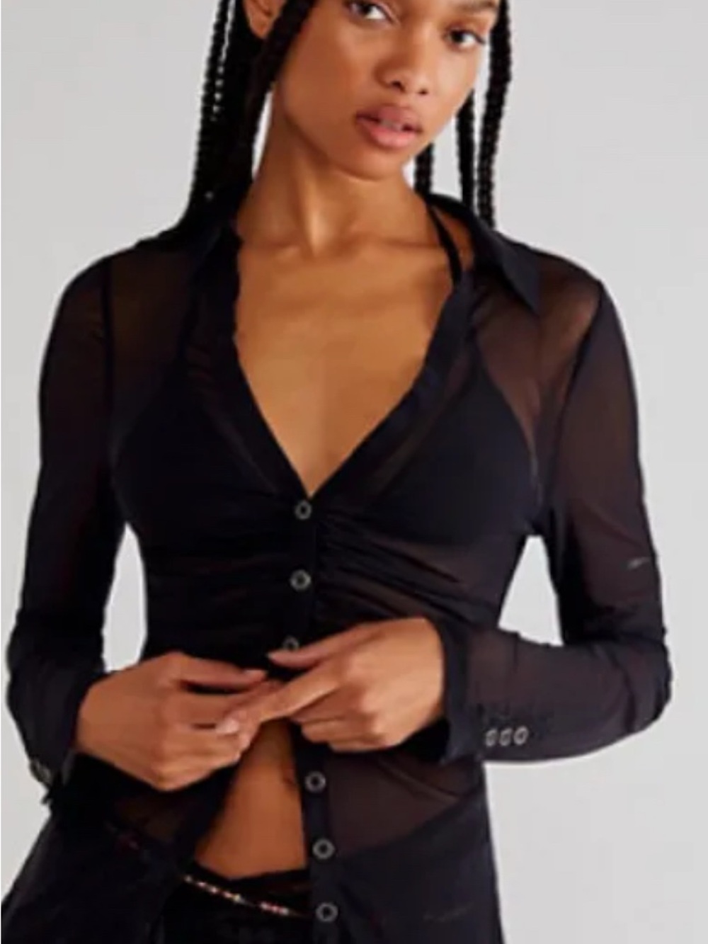 Free People Black Sheer Button-Front Blouse